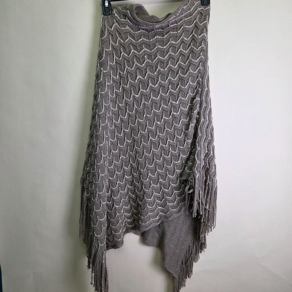 Taupe Metallic Fringe Knit Poncho One Size